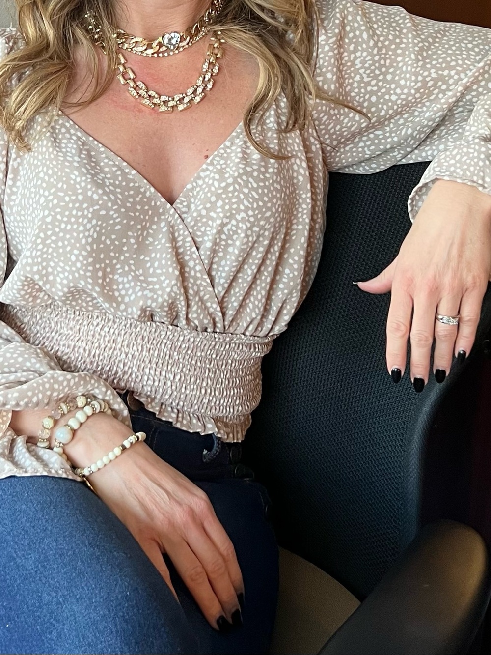 Neutral Dot Print Smocked-Waist Blouse - Taupe